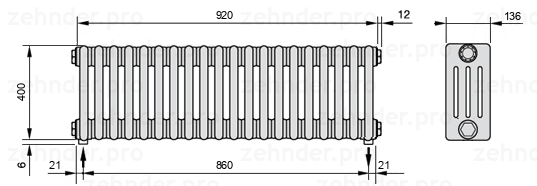 Схема (чертеж) Радиатор Zehnder Charleston 4040/20 №5310 Белый глянцевый RAL 9016